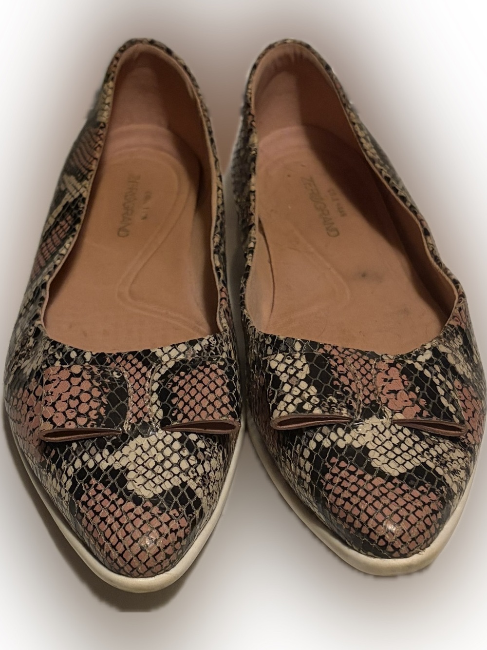 Cole Haan Pink and Black Snake-Print Pointed Ballet Flats